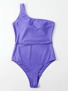 Solid One Shoulder One Piece Swimsuit - Lilac Purple - View 5