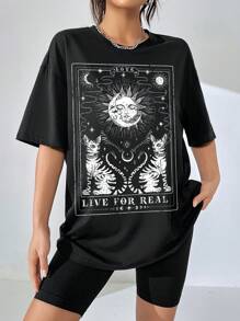 SHEIN EZwear Sun & Moon Print Drop Shoulder Oversized Tee - Black - View 4