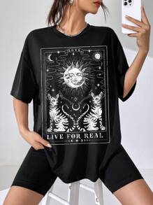 SHEIN EZwear Sun & Moon Print Drop Shoulder Oversized Tee - Black - View 6