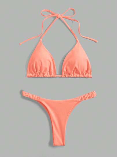 Swim Vcay Summer Beach Solid Triangle Halter Bikini Set