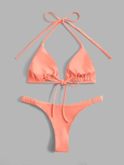 Swim Vcay Summer Beach Solid Triangle Halter Bikini Set