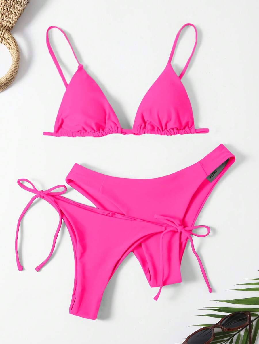 SHEIN Swim Summer Beach Triangle Tie Side Bikini Set - Hot Pink - View 1
