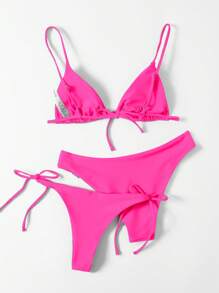 SHEIN Swim Summer Beach Triangle Tie Side Bikini Set - Hot Pink - View 2