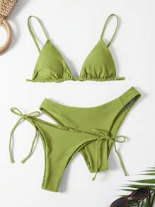 Swim Mod Summer Beach Triangle Tie Side Bikini Set - Olive Green - View 1