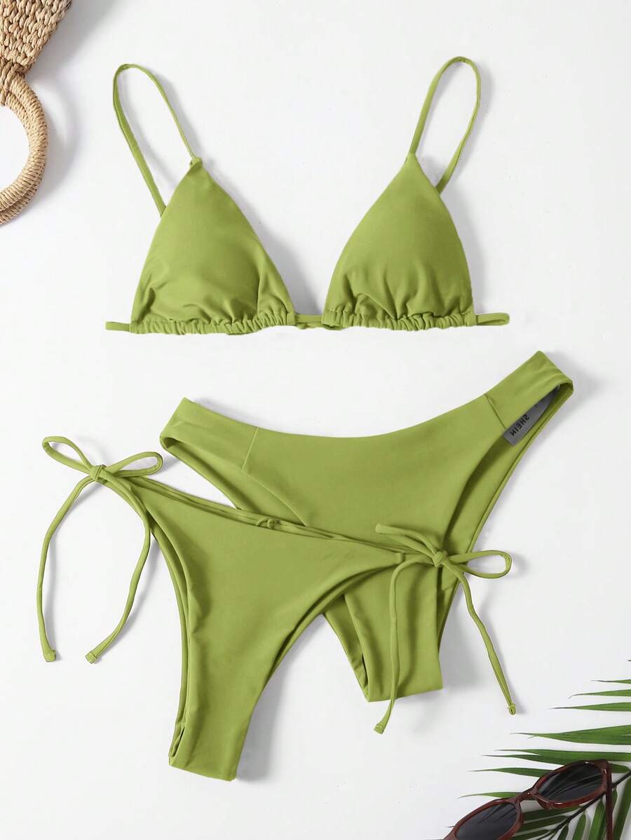 Swim Mod Summer Beach Triangle Tie Side Bikini Set - Olive Green - View 1