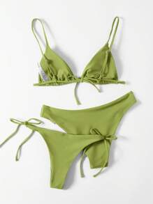 Swim Mod Summer Beach Triangle Tie Side Bikini Set - Olive Green - View 2