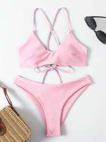 SHEIN Swim Bộ Bikini Nữ Ren lên màu trơn - Màu Hồng baby - Xem 1