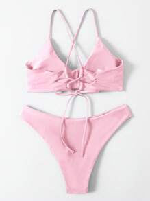 SHEIN Swim Bộ Bikini Nữ Ren lên màu trơn - Màu Hồng baby - Xem 2