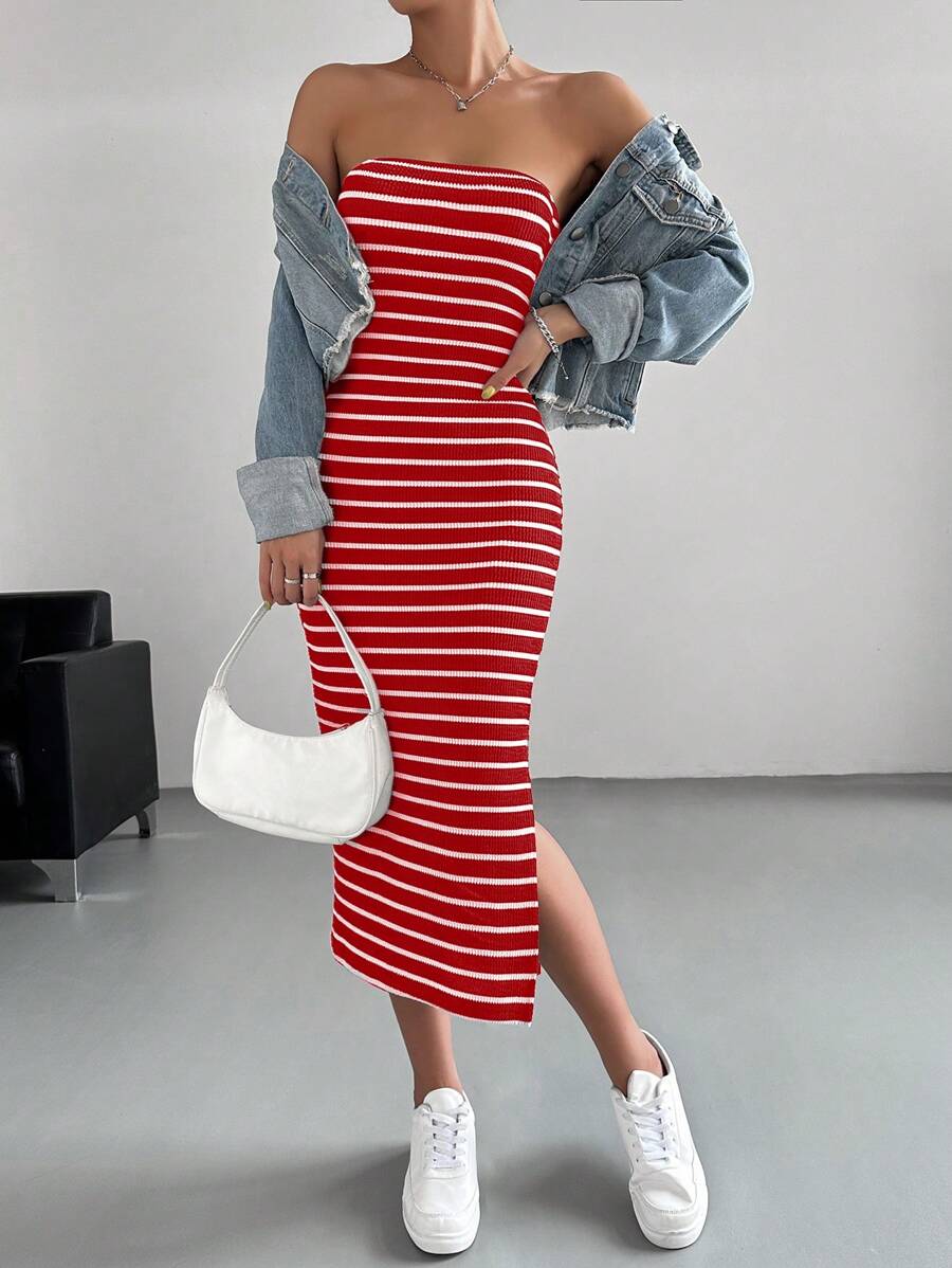 SHEIN Essnce Striped Split Thigh Tube Dress - Red - View 1