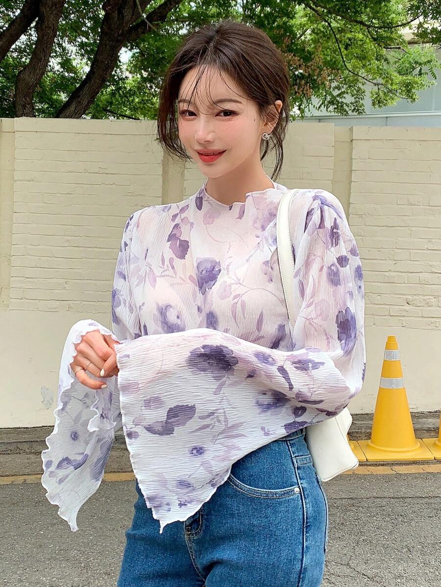 DAZY Floral Print Lettuce Trim Flounce Sleeve Sheer Blouse - Mauve Purple - View 1