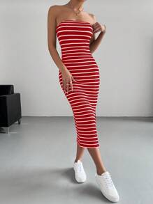 SHEIN Essnce Striped Split Thigh Tube Dress - Red - View 3
