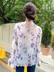 DAZY Floral Print Lettuce Trim Flounce Sleeve Sheer Blouse - Mauve Purple - View 2