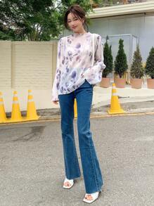 DAZY Floral Print Lettuce Trim Flounce Sleeve Sheer Blouse - Mauve Purple - View 3