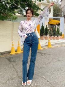 DAZY Floral Print Lettuce Trim Flounce Sleeve Sheer Blouse - Mauve Purple - View 4