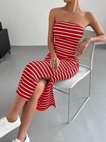 SHEIN Essnce Striped Split Thigh Tube Dress - Red - View 6