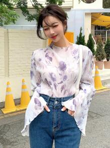 DAZY Floral Print Lettuce Trim Flounce Sleeve Sheer Blouse - Mauve Purple - View 5