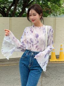 DAZY Floral Print Lettuce Trim Flounce Sleeve Sheer Blouse - Mauve Purple - View 6