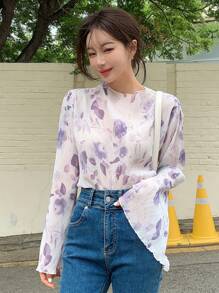 DAZY Floral Print Lettuce Trim Flounce Sleeve Sheer Blouse - Mauve Purple - View 7