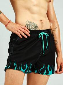 Manfinity 男士火圖案腰部抽繩泳褲 - 黑色 - 查看 5