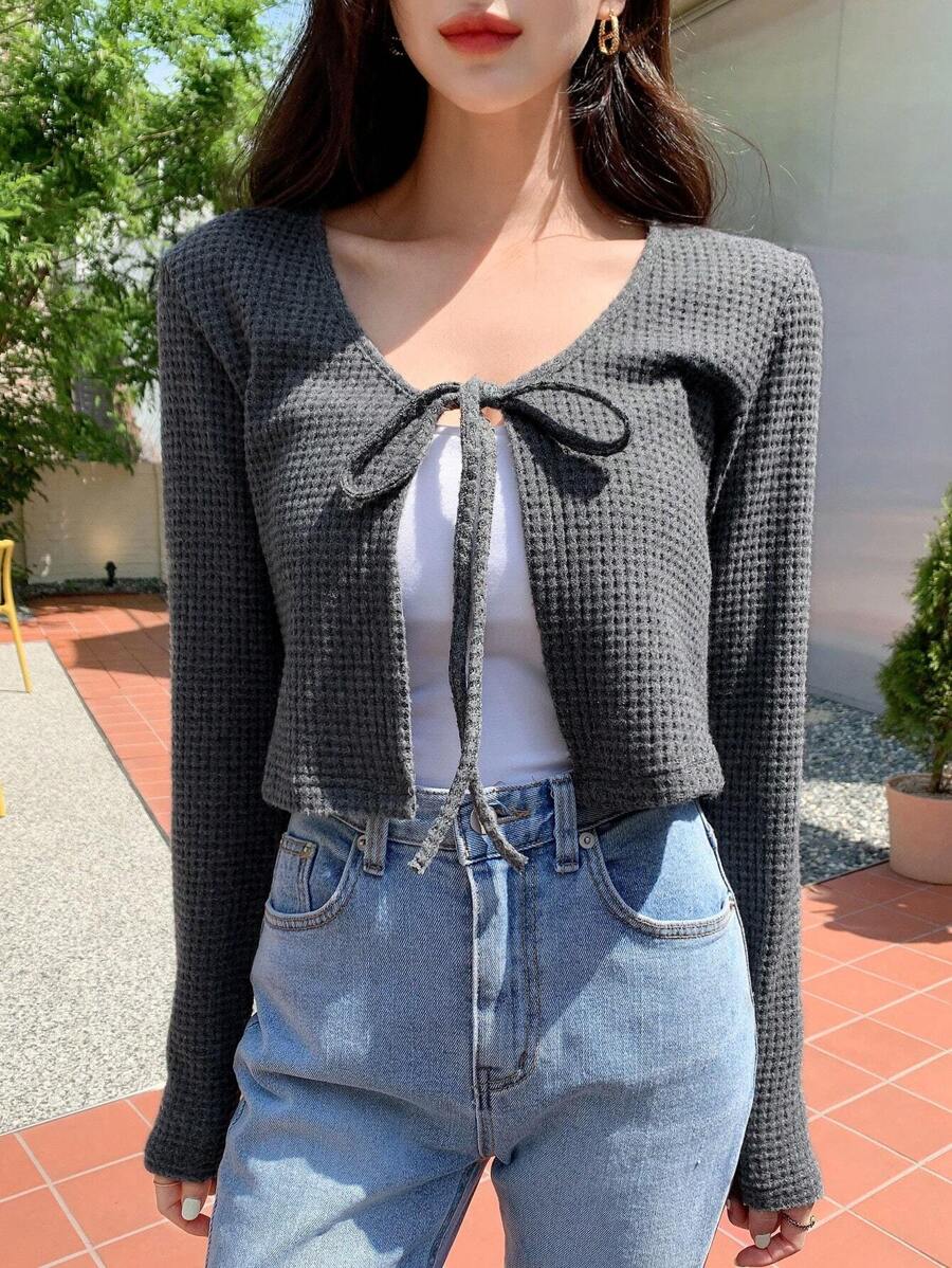 DAZY 系带前华夫格针织上衣（不含吊带背心）长袖女式上衣 - 灰色 - 查看 1