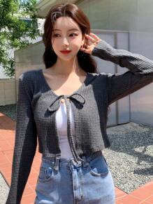 DAZY 系带前华夫格针织上衣（不含吊带背心）长袖女式上衣 - 灰色 - 查看 4