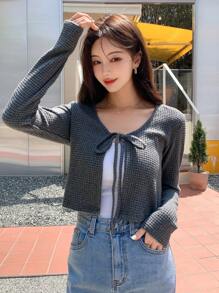 DAZY 系带前华夫格针织上衣（不含吊带背心）长袖女式上衣 - 灰色 - 查看 5