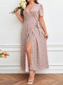 SHEIN Frenchy Plus Ditsy Floral Print Knot Side Wrap Dress - Dusty Pink - View 4