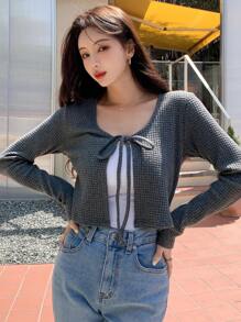 DAZY 系带前华夫格针织上衣（不含吊带背心）长袖女式上衣 - 灰色 - 查看 7
