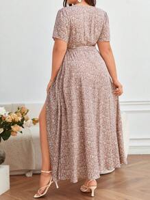 SHEIN Frenchy Plus Ditsy Floral Print Knot Side Wrap Dress - Dusty Pink - View 2