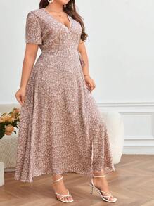 SHEIN Frenchy Plus Ditsy Floral Print Knot Side Wrap Dress - Dusty Pink - View 5