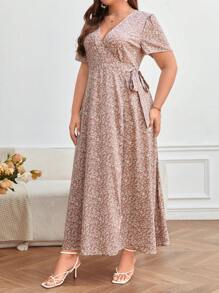 SHEIN Frenchy Plus Ditsy Floral Print Knot Side Wrap Dress - Dusty Pink - View 6