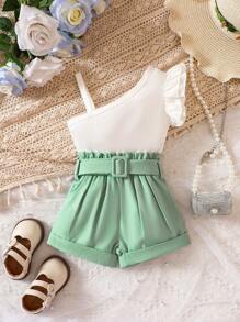 嬰兒不對稱領荷葉邊腰帶連身短褲 - 彩色 - 查看 1