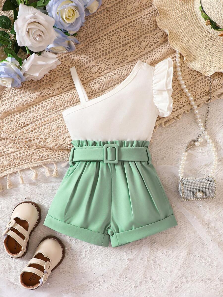 嬰兒不對稱領荷葉邊腰帶連身短褲 - 彩色 - 查看 1