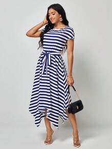 SHEIN Clasi Striped Belted Hanky Hem Dress - Blue and White - View 3