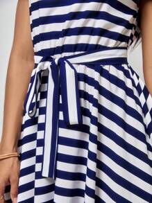SHEIN Clasi Striped Belted Hanky Hem Dress - Blue and White - View 5
