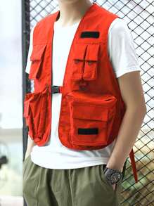 Manfinity EMRG Hombres Cazadora chaleco con bolsillo con solapa con diseño de hebilla - Rojo - Ver 5