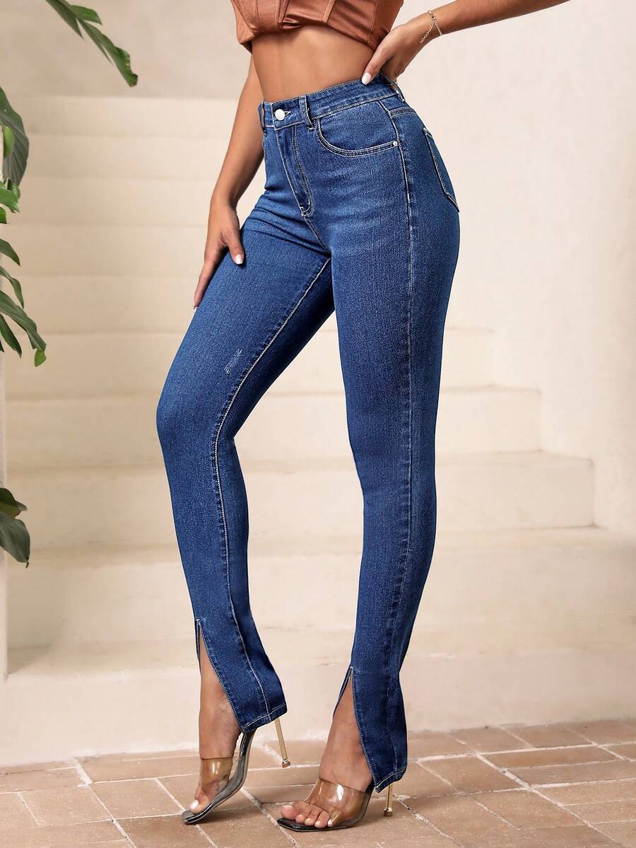 SHEIN Essnce Split Hem Skinny Jeans - Dark Wash - View 1