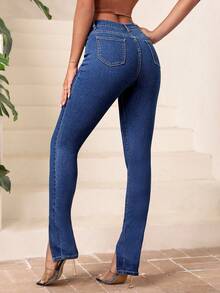 SHEIN Essnce Split Hem Skinny Jeans - Dark Wash - View 2