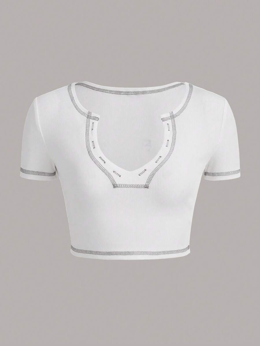 SHEIN ICON 白色拼接線露脖短款T恤 - 白色 - 查看 1