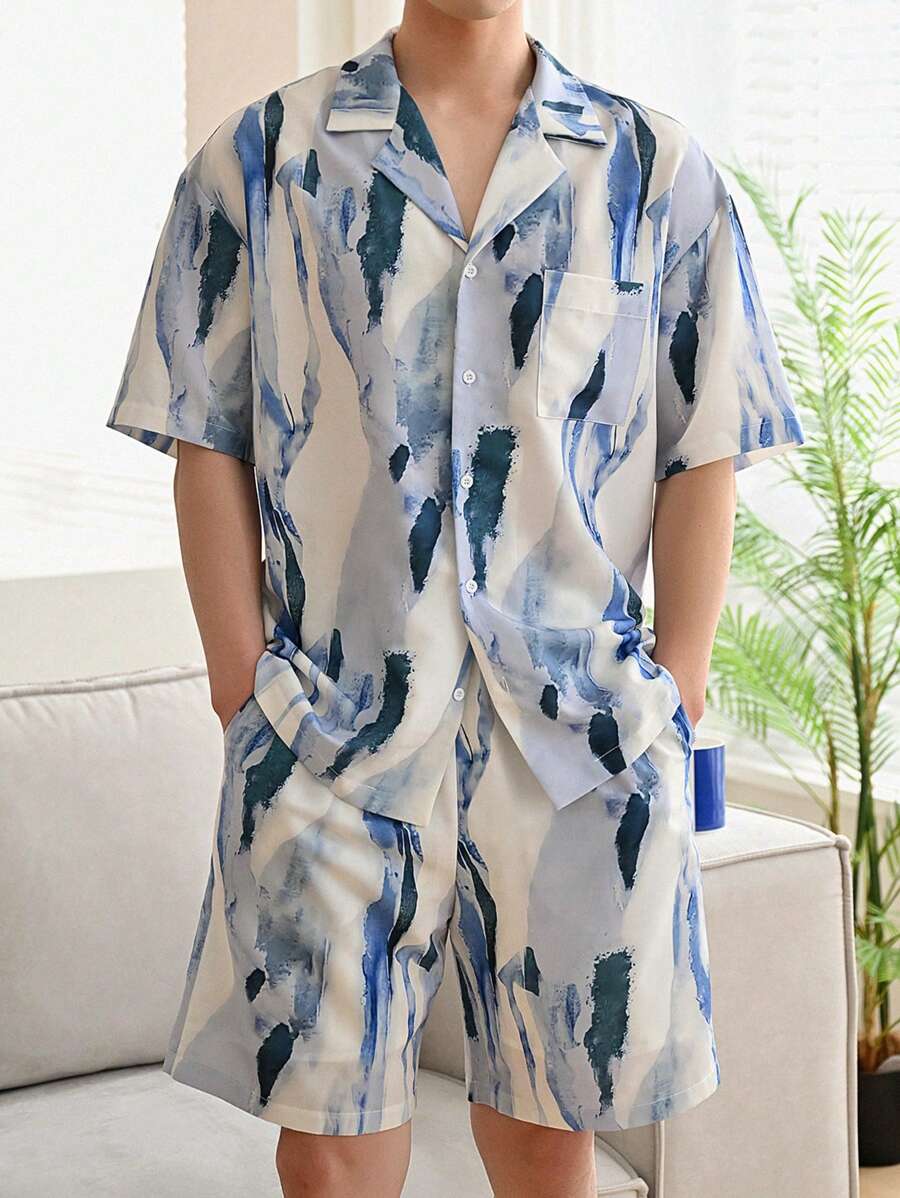 DAZY 男士筆刷圖案西裝領襯衫和短褲