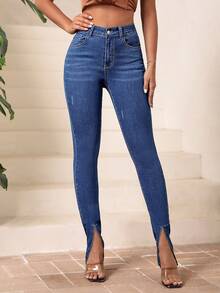 SHEIN Essnce Split Hem Skinny Jeans - Dark Wash - View 4