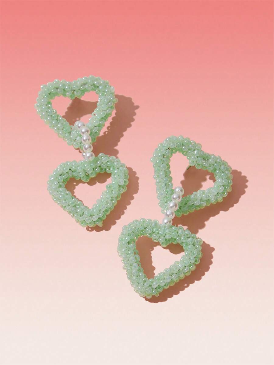 SHEIN MOD 1pair Fashion Glass Heart Drop Earrings For Women For Daily Decoration - Green - View 1