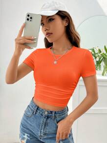 SHEIN EZwear Spring Clothes Solid Ruched Crop Tee - Orange - View 3