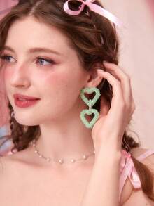 SHEIN MOD 1pair Fashion Glass Heart Drop Earrings For Women For Daily Decoration - Green - View 3