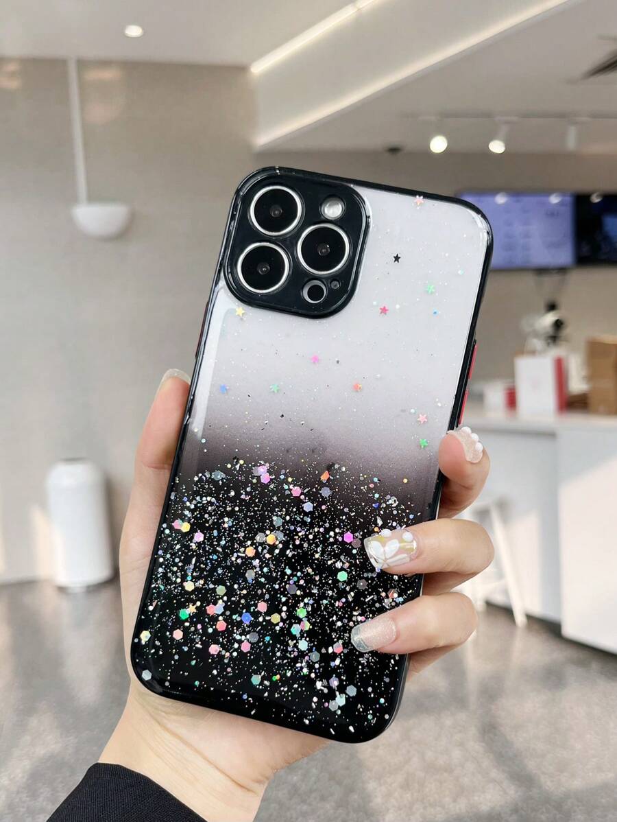 1pc Sequin Decor Anti-Fall Phone Case - Black - View 1