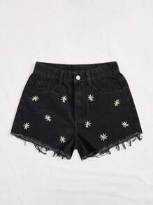 SHEIN PETITE Quần short denim nữ Nút Thêu Túi Hem thô Dây kéo Hoa - màu đen - Xem 3