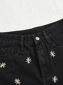 SHEIN PETITE Quần short denim nữ Nút Thêu Túi Hem thô Dây kéo Hoa - màu đen - Xem 5