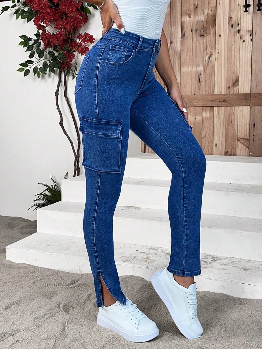 SHEIN Essnce 翻蓋口袋下擺開叉緊身牛仔褲