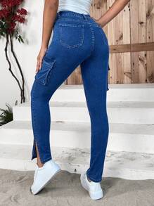 SHEIN Essnce 翻蓋口袋下擺開叉緊身牛仔褲