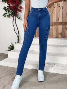 SHEIN Essnce 翻蓋口袋下擺開叉緊身牛仔褲